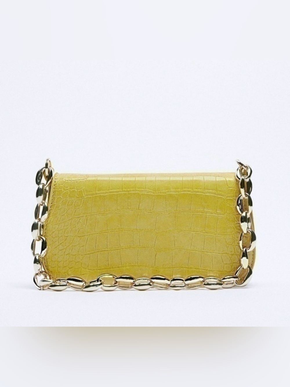 Zara Yellow Croc-Effect Faux Leather Shoulder Bag with Gold Chain